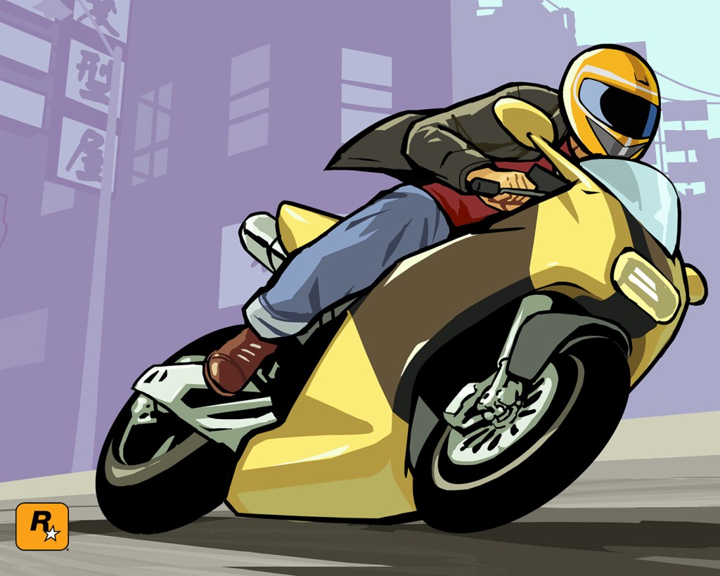 An unknown motorcyclist on a sport bike, Rockstar Games Logo in the bottom left corner of the image.